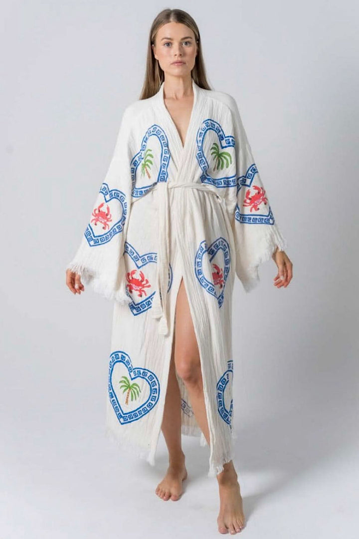 Palm & Crab Long Robe in Natural